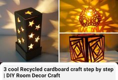 three different pictures with the words 3 cool recycled cardboard craft step by step diy room decor craft