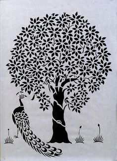 a black and white drawing of two peacocks in front of a tree with leaves