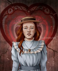 a drawing of a woman with red hair and a hat on her head, standing in front of a heart