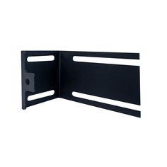 a black wall mounted shelf with two holes