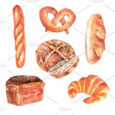 watercolor illustration of breads and pretzels on white background stock photo image