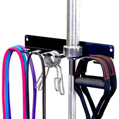 a pole with several different colored straps hanging from it's sides and two hooks attached to the poles