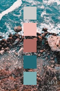 an aerial view of the ocean with rocks, water and sky in color swatches