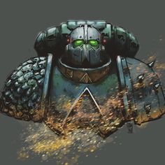 an illustration of a space marine with green eyes and armor on it's face