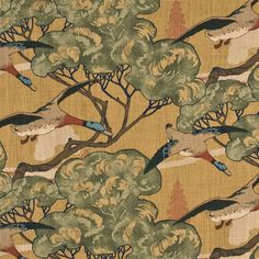 an image of birds flying in the air over trees and leaves on a yellow background