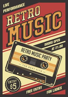 an old school poster for a retro music party with cassette tape and the words retro music on it