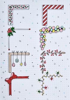 a christmas card with the letter f on it and decorations hanging from hooks in front of them