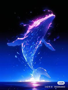 a blue and purple whale floating in the air with its mouth open while it's tail