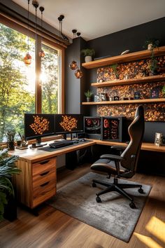 a home office with two computer screens on the wall and a chair in front of it