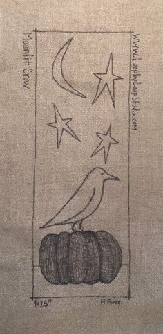 a drawing of a bird sitting on top of a piece of cloth with stars in the background