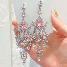 Pink Hime Chandelier Drop Earrings Crystal Chandelier Earrings, Magical Jewelry, Heart Crystal, Crystal Dangle Earrings, Fancy Jewellery, Fancy Jewelry, Fantasy Jewelry, Pink Earrings, Girly Jewelry