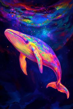 a painting of a colorful dolphin swimming in the ocean