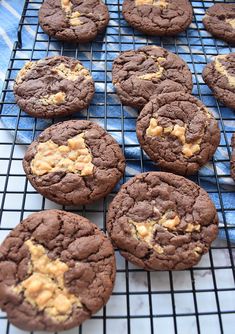 chocolate cookies with peanut butter in the middle on a cooling rack, ready to be eaten