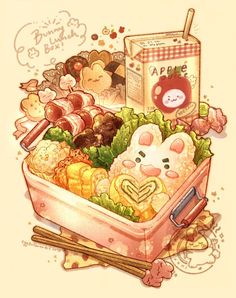 a drawing of some food in a box with chopsticks on the table next to it