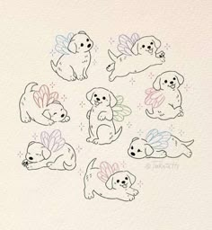 some drawings of puppies with wings on them