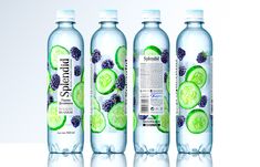 three bottled water bottles filled with cucumber slices and blackberries on the side