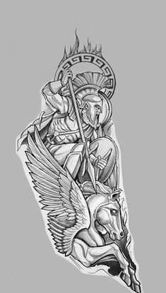 Knight Tattoo Sleeve, Greek Art Tattoo, Pegasus Illustration, Tattoo Knight, Greek Tattoo Ideas Mythology, Pegasus Drawing, Tato Phoenix, Pegasus Tattoo, Gladiator Tattoo