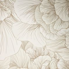 an artistic wallpaper design with large leaves and flowers in neutral colors on a white background