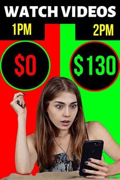 a woman holding a cell phone in front of a green and red background with the words watch videos $ 130