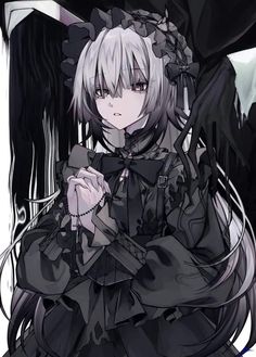 an anime character with white hair and black clothes, holding a knife in her hand