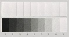 the color chart shows different shades of black and white, from gray to light grey