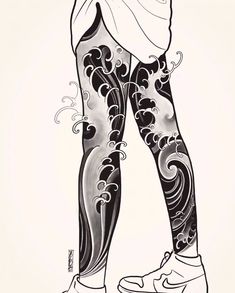 an ink drawing of a woman's legs with tattoos on her arm and leg