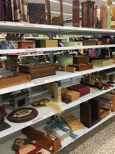 shelves filled with lots of different types of items