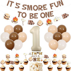 it's smore fun to be one 1st birthday banner with balloons and cupcakes