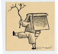 a drawing of a man carrying a box on his back with a tree in the background