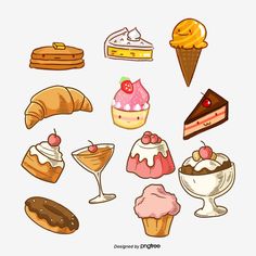 an assortment of desserts and pastries are shown in this drawing style, including cake, ice cream, croissant, donut, pie, cupcake