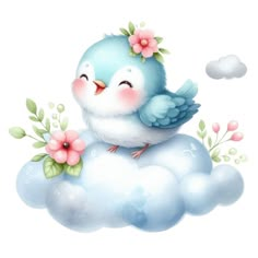 a blue bird sitting on top of a cloud with flowers in it's beak