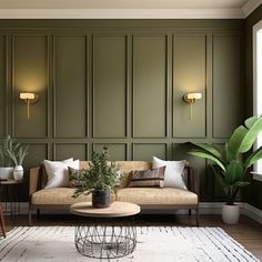 a living room with green walls and white rugs on the floor next to a couch