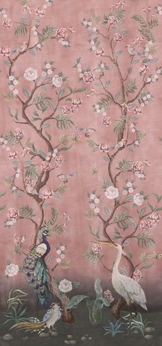 two birds are standing in front of a pink wallpaper with flowers and leaves on it