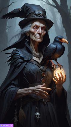 an old witch holding a black bird in her hand