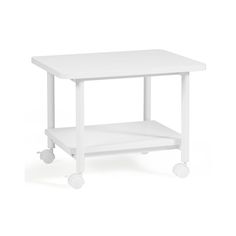 a small white table with wheels on the bottom and one shelf below it, against a white background