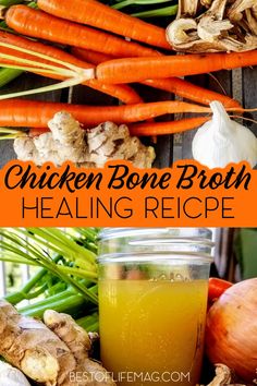 chicken bone broth in a jar next to carrots and garlic