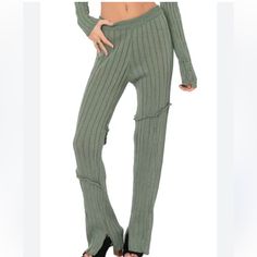 Cuz You'll Turn Heads. These Pants Have A Knit Construction, Textured Detailing, Slits On The Pant Legs, And A Low Waist Fit. Sz M/L Low Rise Pants Two Piece Set, Comfy Club Pants, Pairshoot Pants, Iamgia Green Pants, Stretchy Knit Pants, Pants Low Waist, Knitted Pants, Bootcut Pants, Swimwear Dress