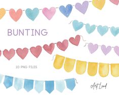 watercolor hearts and bunting banner clipart