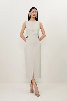 Melange Tailored Pu Tab Detail Midi Dress | Karen Millen Fitted Maxi Dress With Side Slits For Work, Classic Fitted Dress With Side Slits, Classic Tailored Midi Dress, Timeless Fitted Midi Dress For Work, Elegant Midi Dress With Structured Boning For Work, Elegant Midi Dress With Side Slits For Work, Formal Midi Dress With Structured Boning, Workwear Midi Dress With Side Slits, Midi Length Workwear Dresses With Side Slits