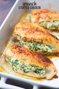 spinach stuffed chicken in a baking dish