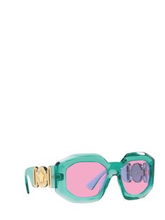 Coloured Lenses, Turquoise Frame, Versace Eyewear, Box Designs, Versace Sunglasses, Glamorous Style, Rectangle Sunglasses, Light Turquoise, Gold Sunglasses