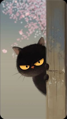 a black cat with yellow eyes peeking out from behind a pole