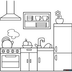 Free Kitchen Coloring Page for Kids Kitchen Clipart Black And White, Kitchen Drawing Easy, Cute Kitchen Drawing, Kitchen Preschool, Exam Illustration, Kitchen Coloring Pages, Kitchen Illustration Art, Kitchen Cartoon, Kitchen Clipart