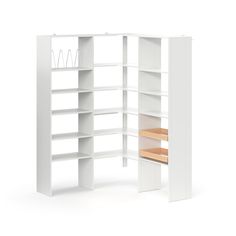 an open white bookcase with shelves on both sides and two empty bookshelves in the middle