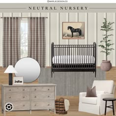 a baby's nursery with neutral nurseries and furniture