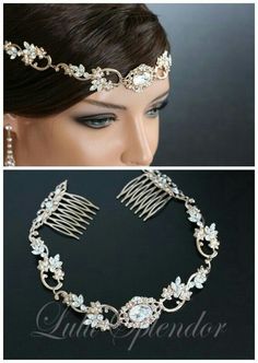 the bridal hair comb is adorned with crystal stones and leaves, along with an elegant headpiece