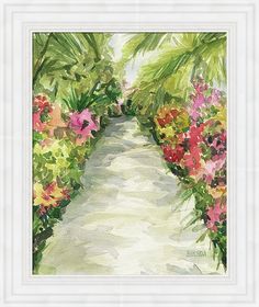 a watercolor painting of a garden path with flowers and palm trees in the background