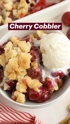 cherry cobbler in a bowl with ice cream on top