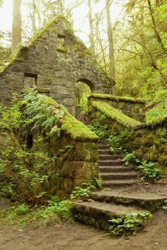 an old stone building with moss growing on it's walls and steps leading up to the entrance