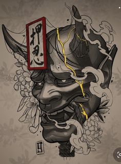 a drawing of a demon with chinese writing on it's forehead and head in the background